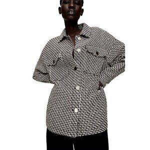 Zara Tweed Button Front Shacket Size S Oversized‎ Herringbone Preppy Twee Office